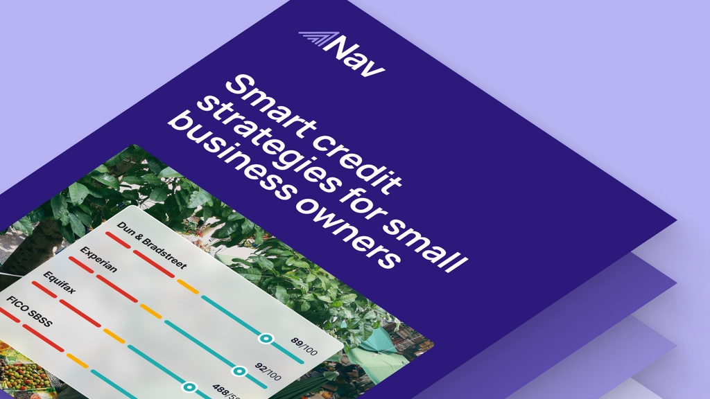 Nav guide cover titled “Smart credit strategies for small business owners” featuring credit score comparison graphics on a purple background.